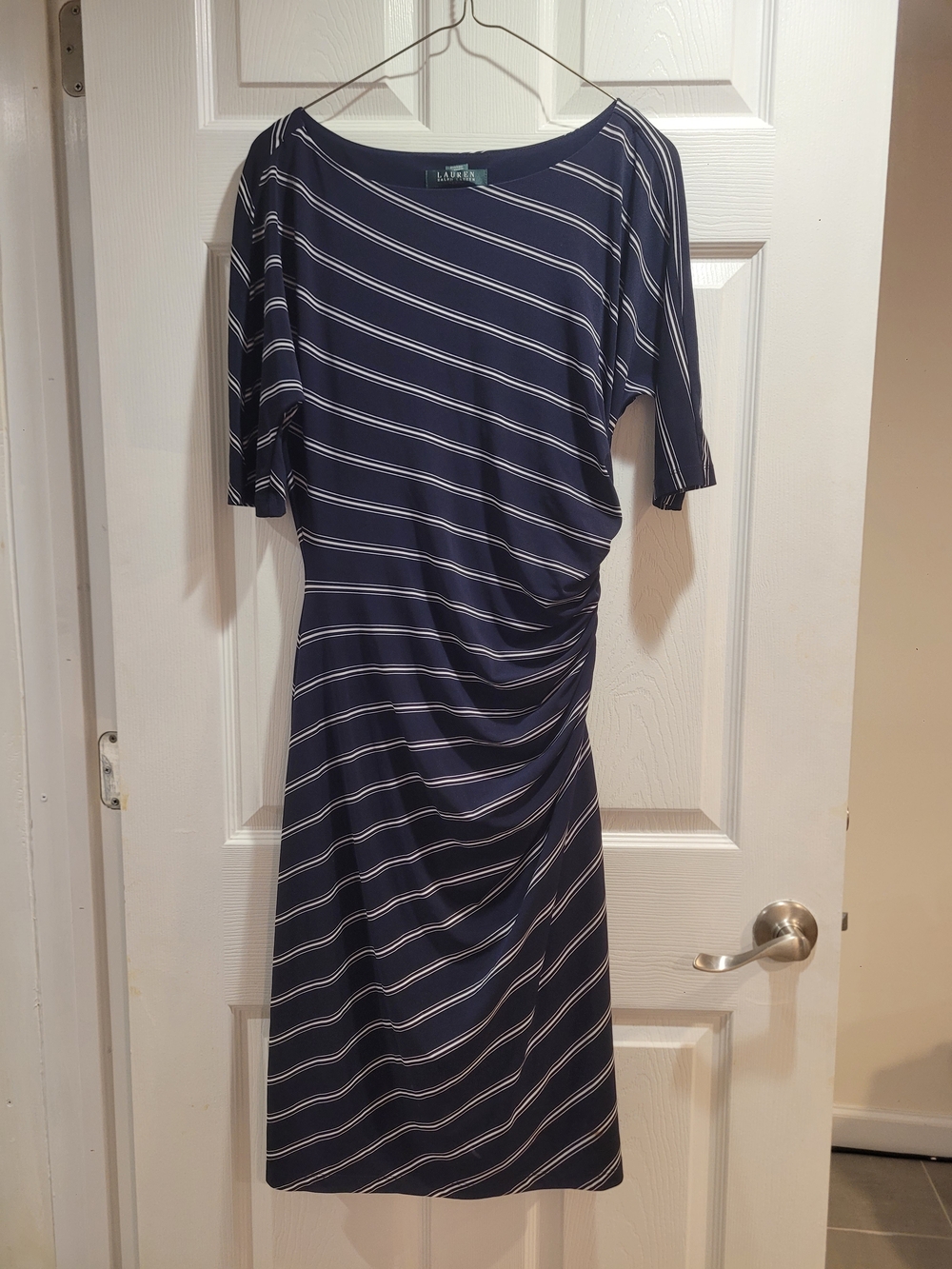Ralph Lauren Navy and White Striped Long Sleeve Ruched Dress
